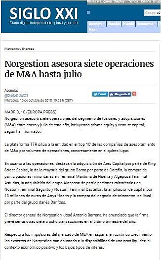 Norgestion asesora siete operaciones de M&A hasta julio